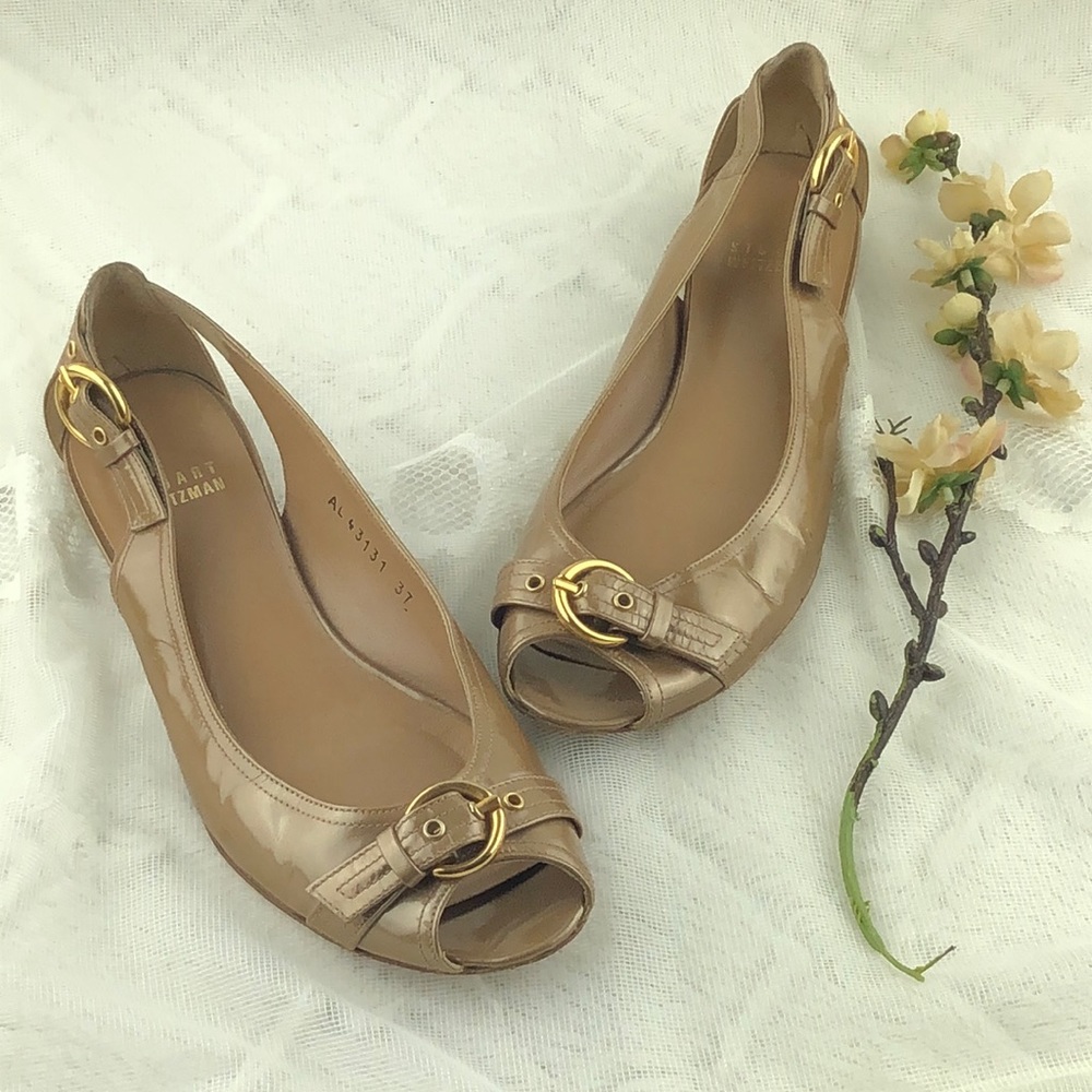 Stuart Weitzman Patent Leather Gold Slingback Flat